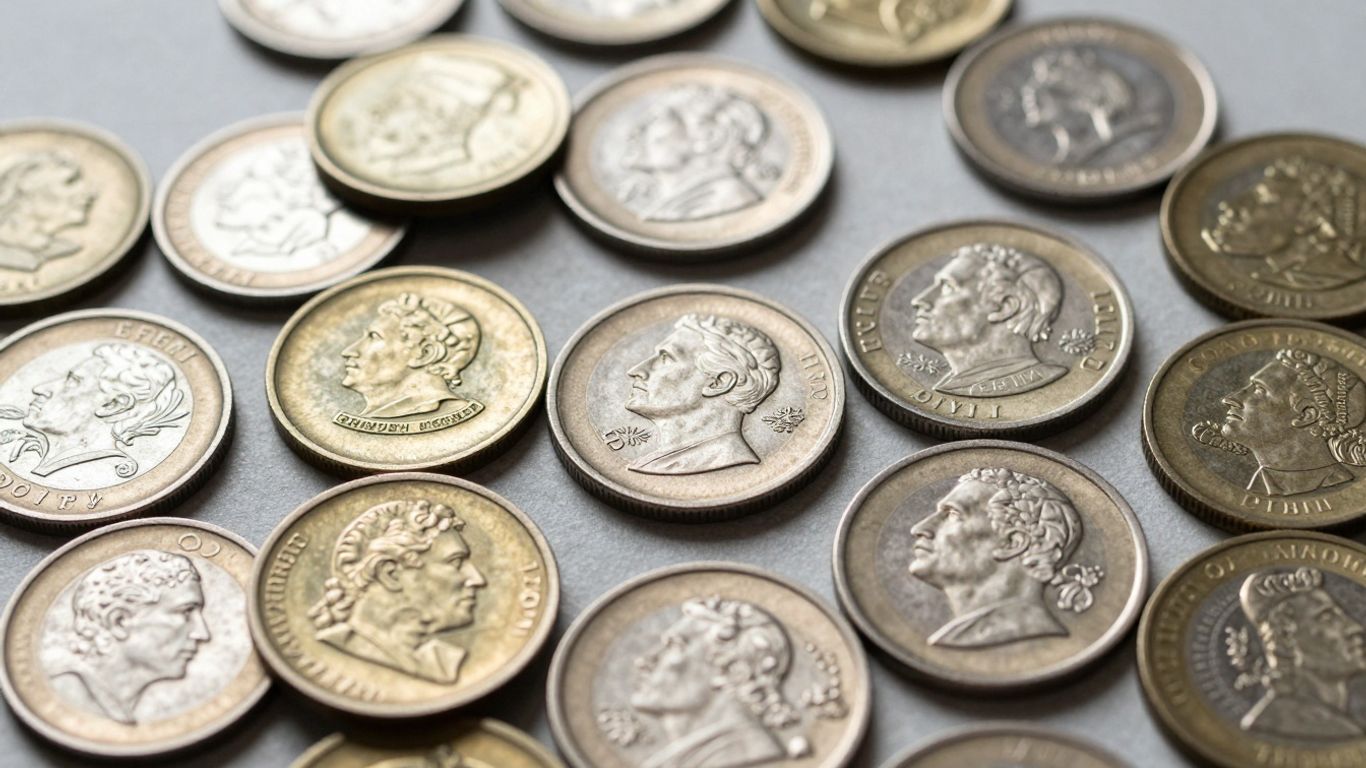 Collection of diverse foreign coins with intricate designs.