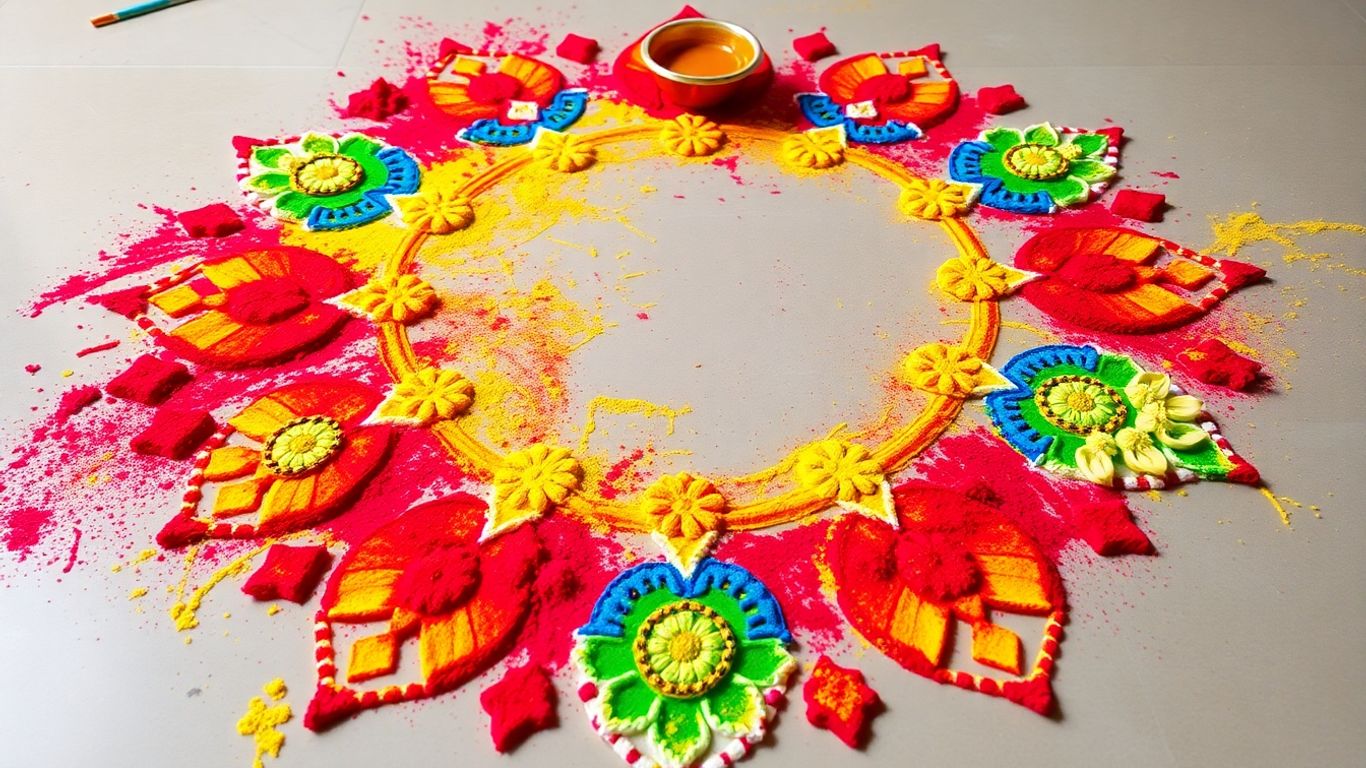 Colorful Diwali Rangoli design with floral patterns.