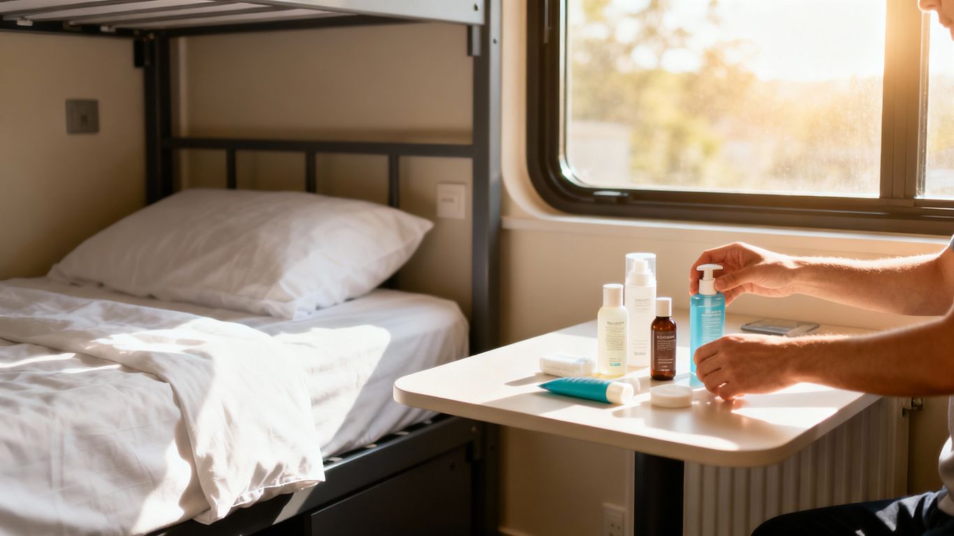 Clean hostel room with bed and toiletries.