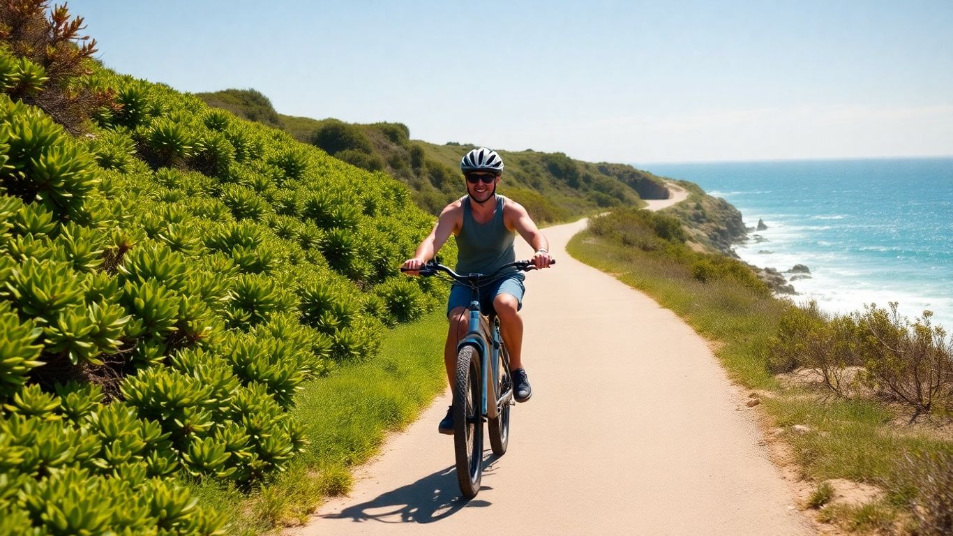 Ebike rider on Australian coastal path, ocean view.