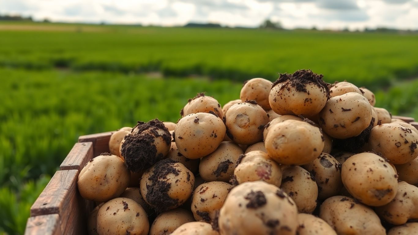 Biologische aardappelen in een houten krat op Fries veld