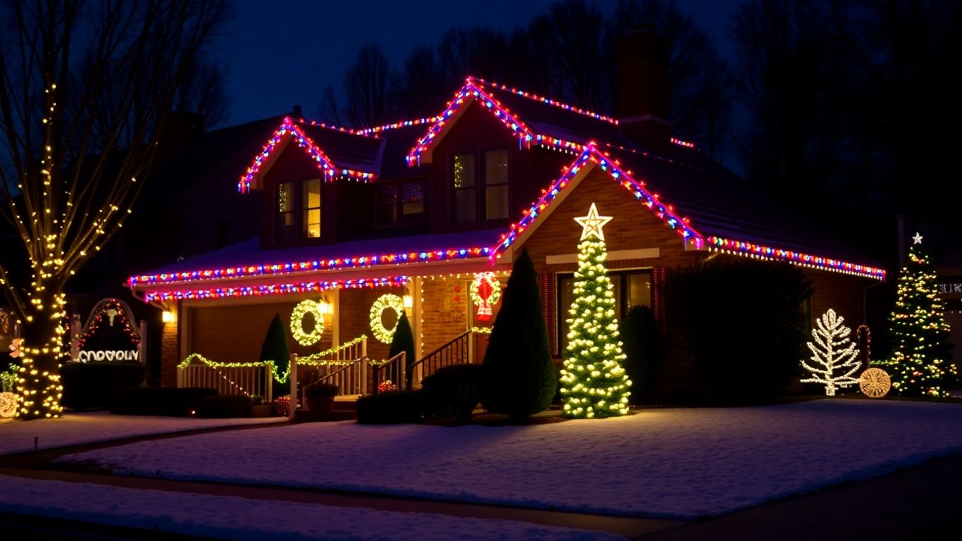 Festive Christmas lights on a Sunset Hills home at night.
