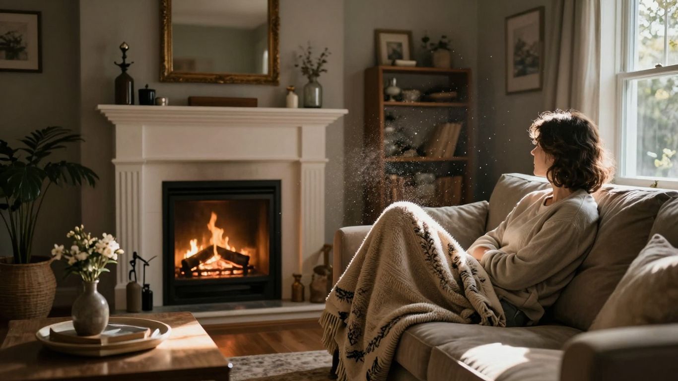 Cozy living room with fireplace and sunlight.