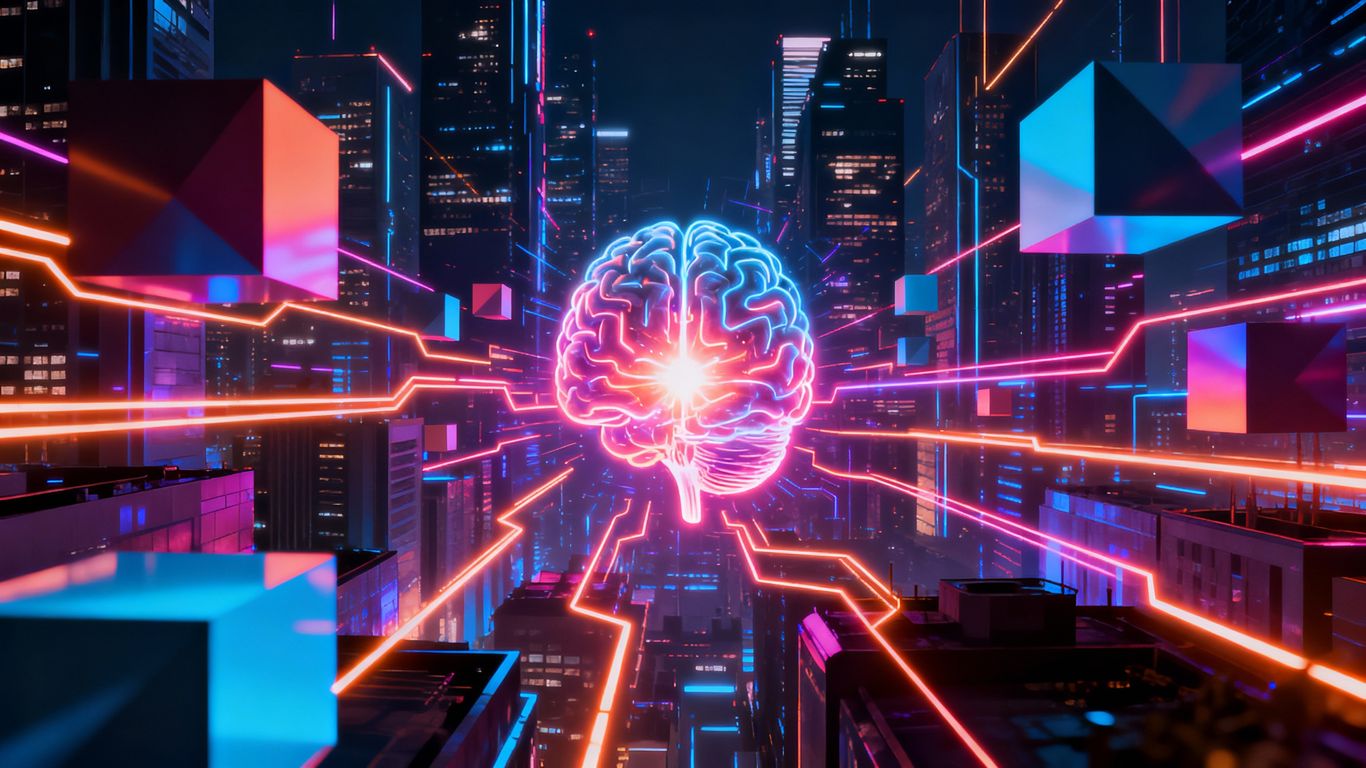 Futuristic cityscape with AI brain graphic and digital pathways.