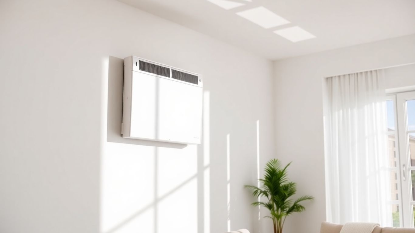 Unité VMC double flux décentralisée murale dans un salon moderne.