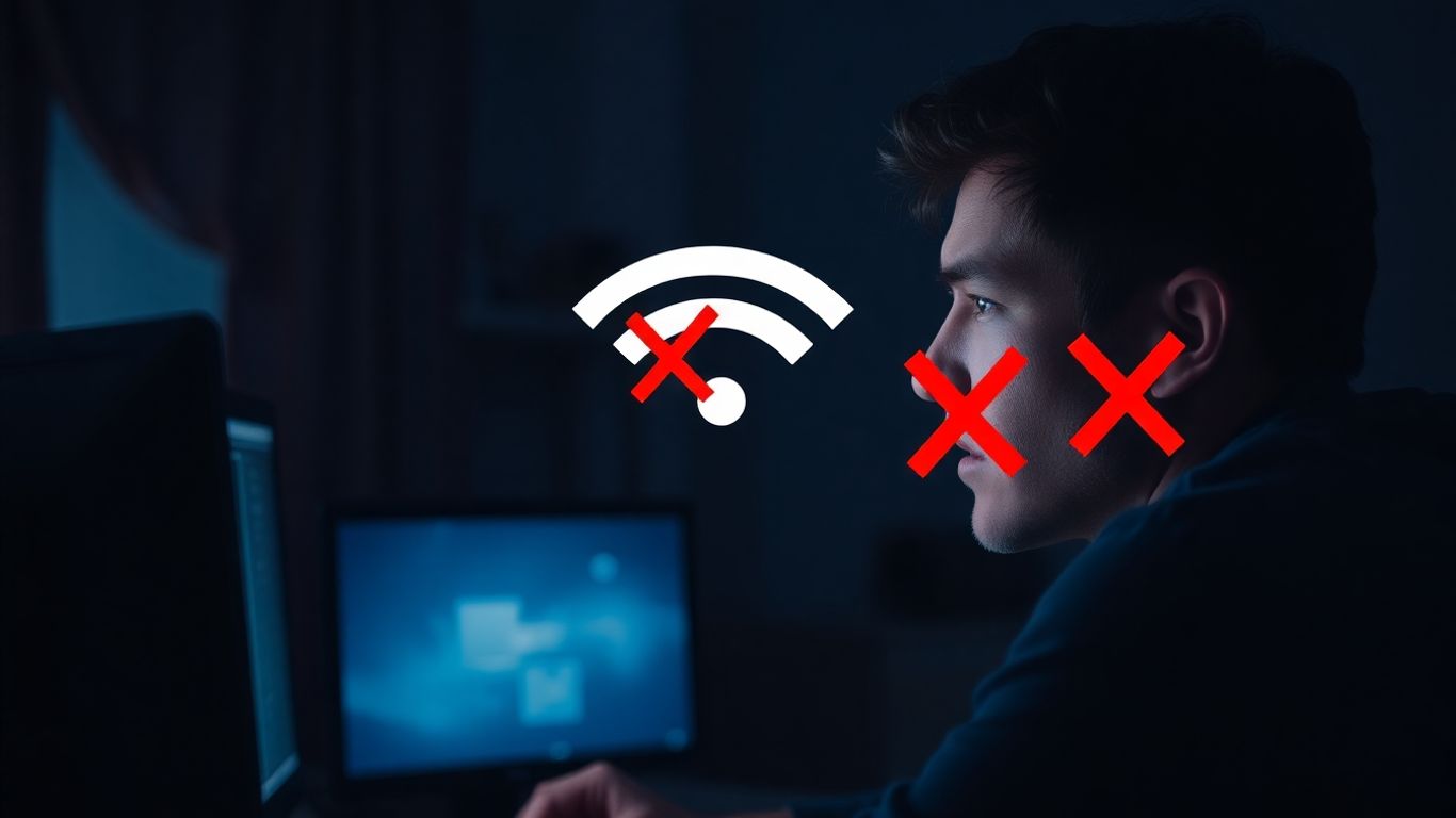 Internet caindo à noite, tela de computador piscando, símbolo Wi-Fi com X.