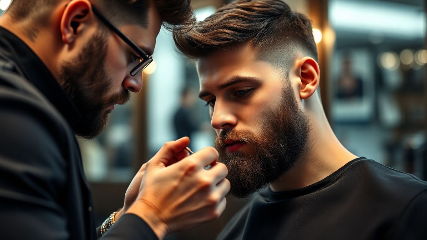 Barber expertly grooming a client's beard.