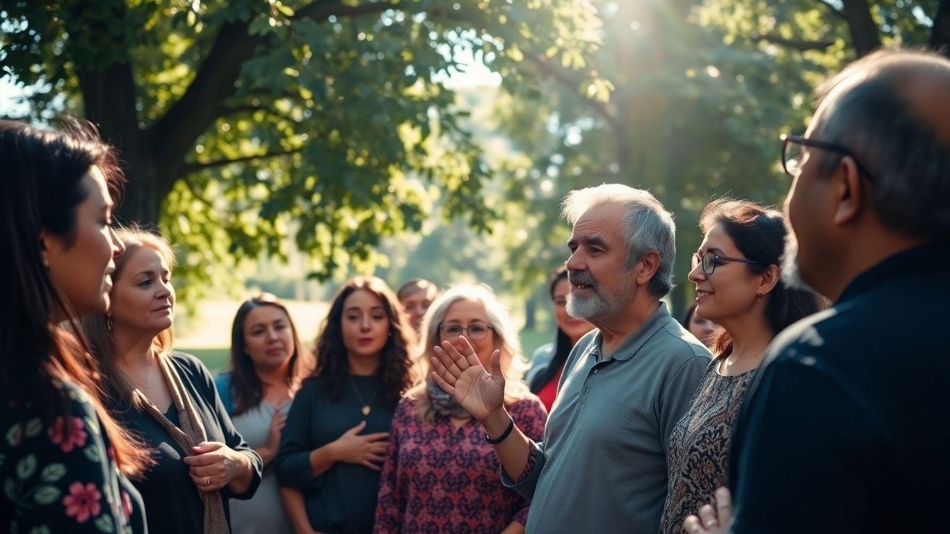 Personas discutiendo temas cristianos al aire libre.