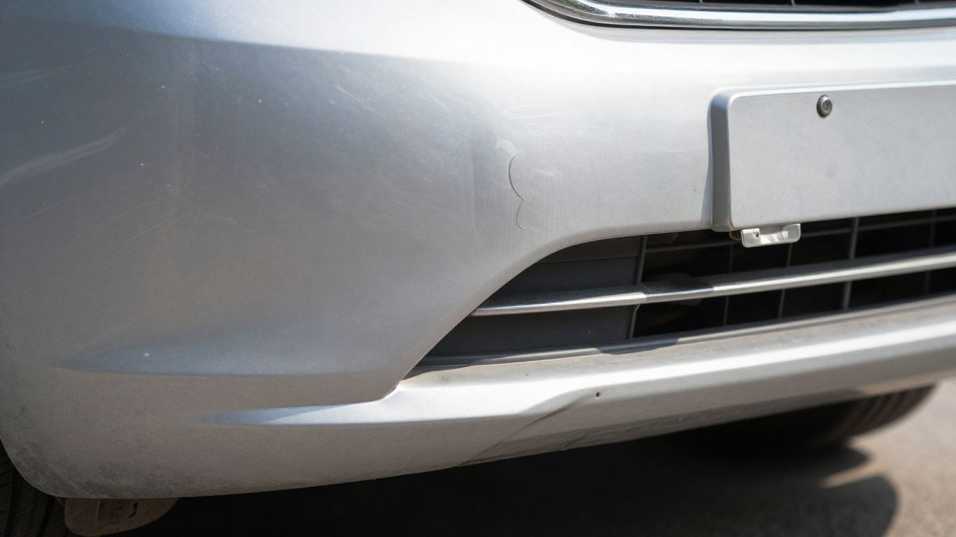 Damaged car bumper with a dent.
