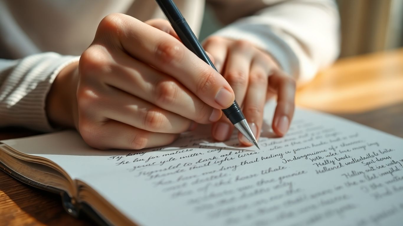 Hands writing elegantly in a notebook.