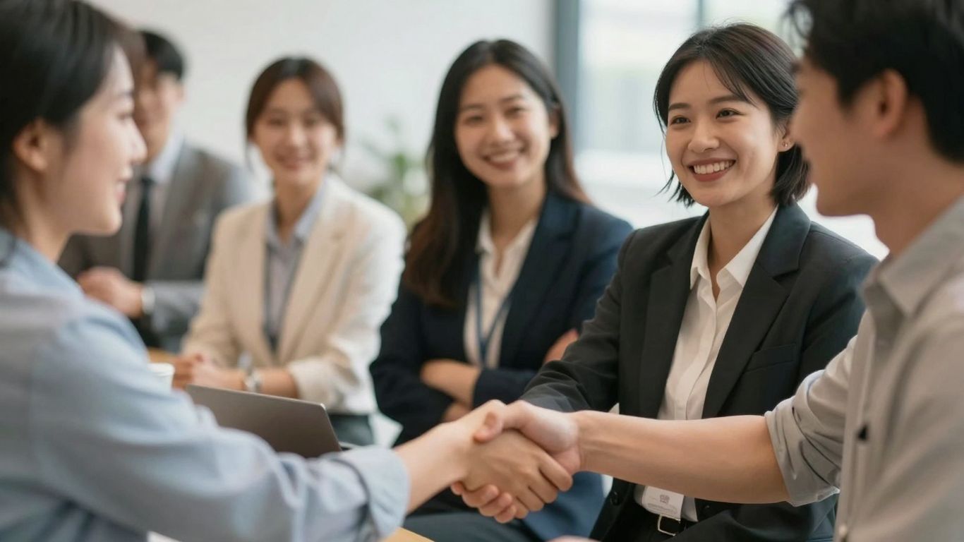 People networking and shaking hands at a professional event.