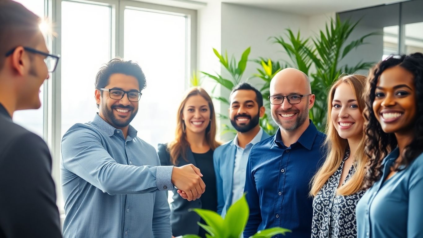 People smiling and shaking hands in a bright office.