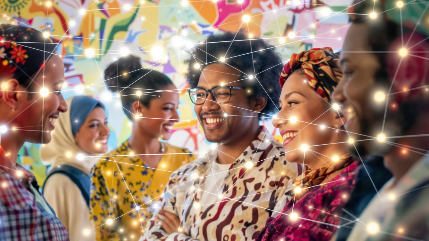 Diverse people connecting globally through technology.