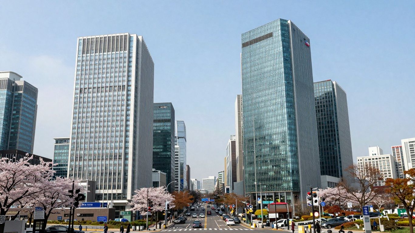 Seoul cityscape with seasonal foliage, symbolizing time.