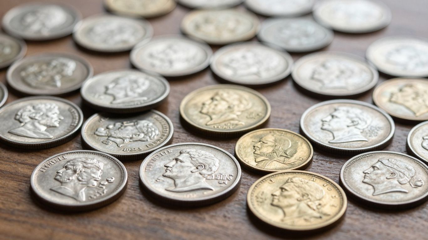 Collection of valuable coins displayed on a wooden table.