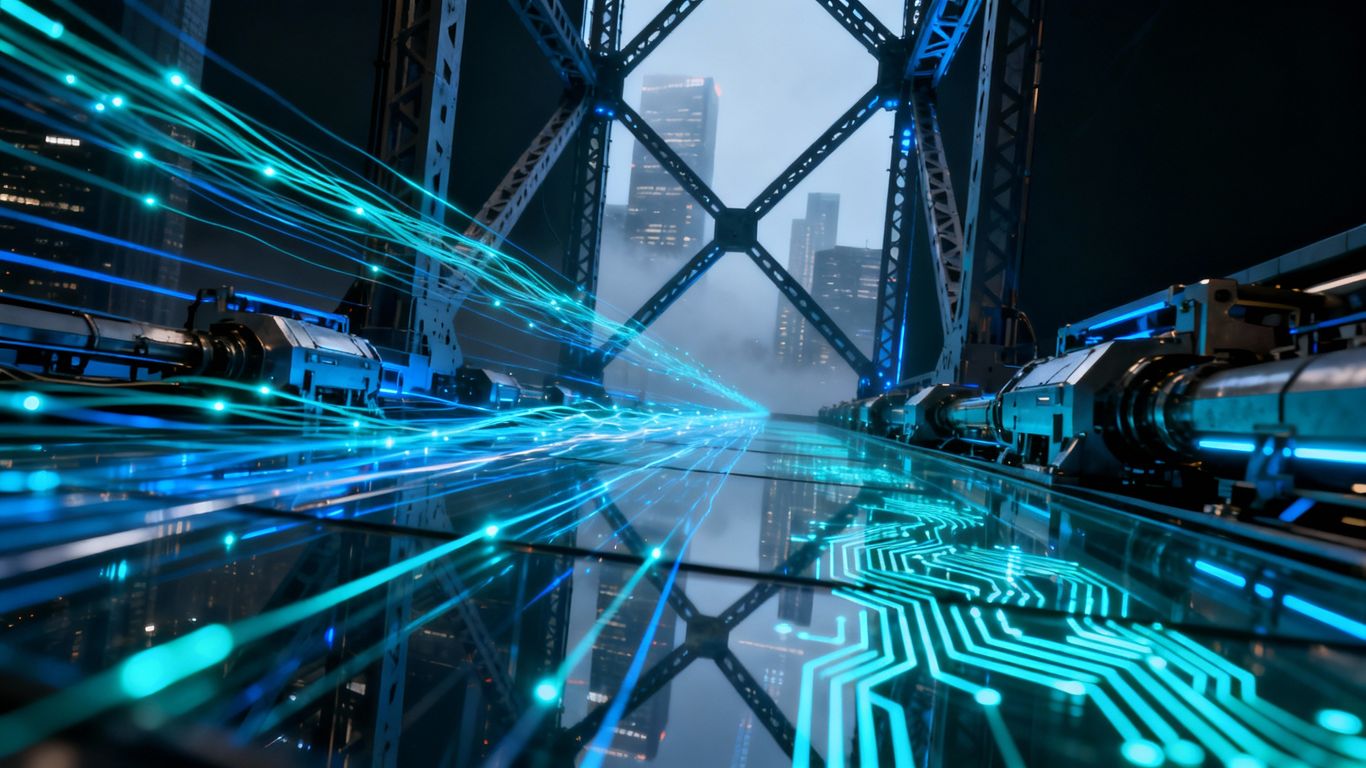 Modern infrastructure with glowing communication lines.