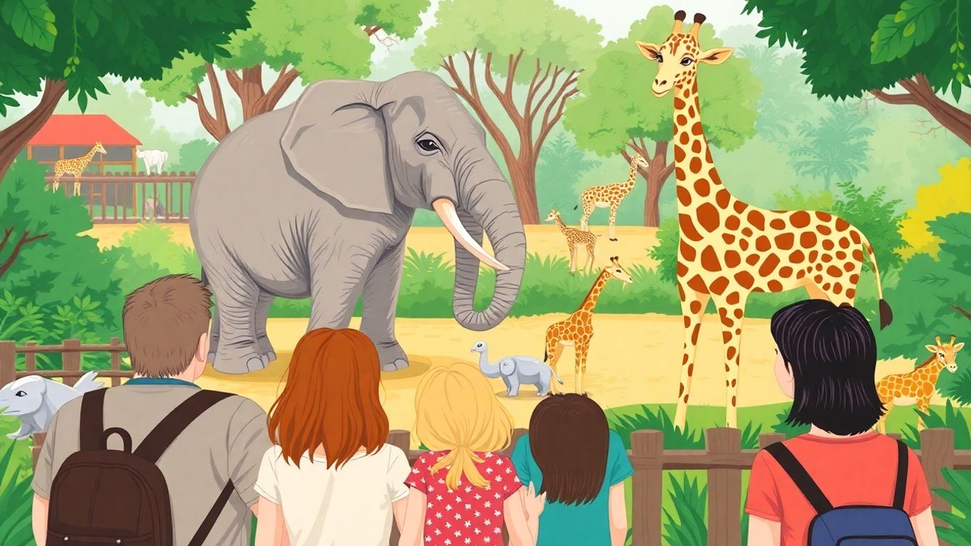 Familie beobachtet Elefanten und Giraffen im Kölner Zoo.