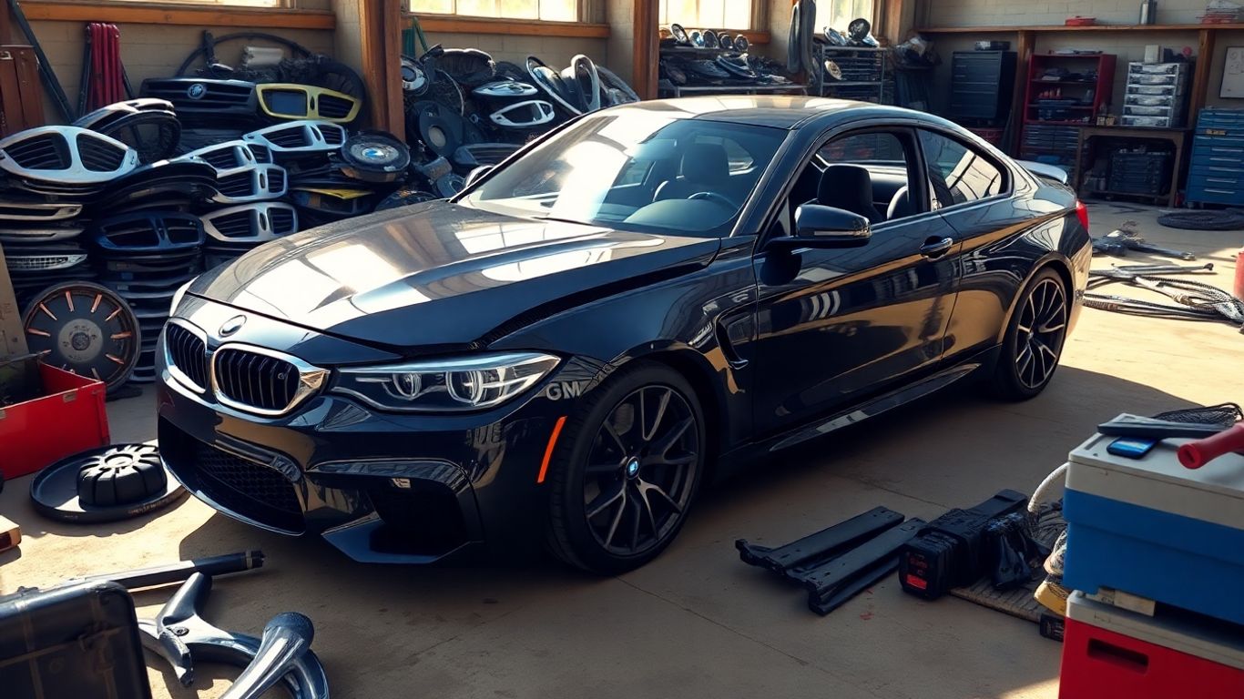 Salvaged BMW parts and a workshop setting.