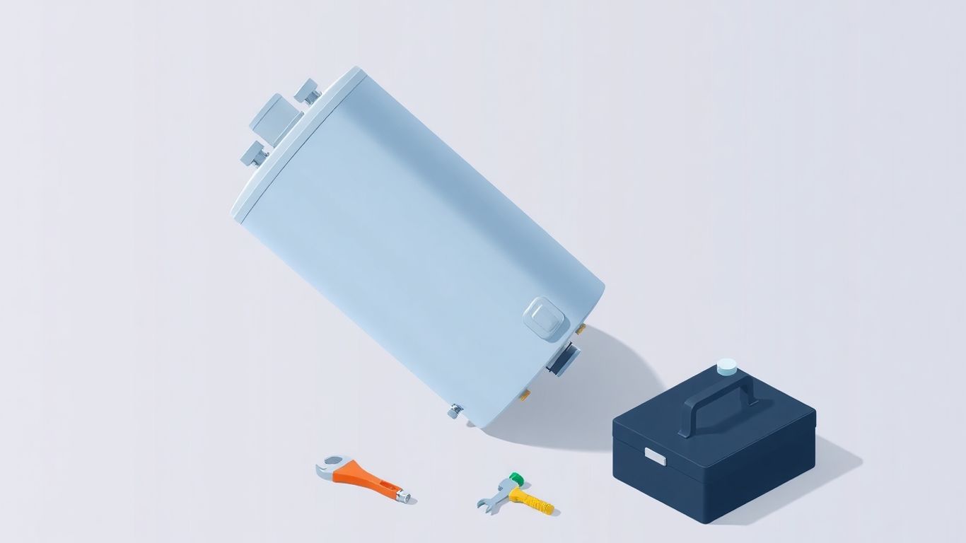 Water heater on its side with tools.