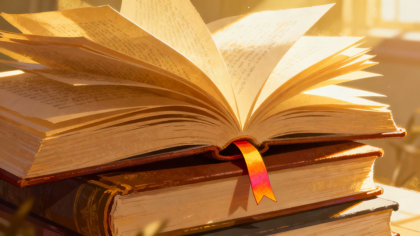 Stack of open books with sunlight and a bookmark.