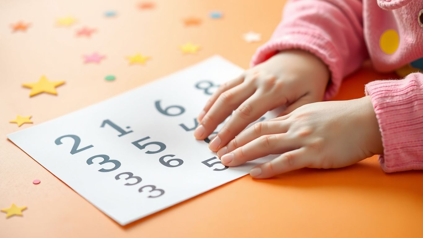 Child tracing numbers on a worksheet with colorful background.
