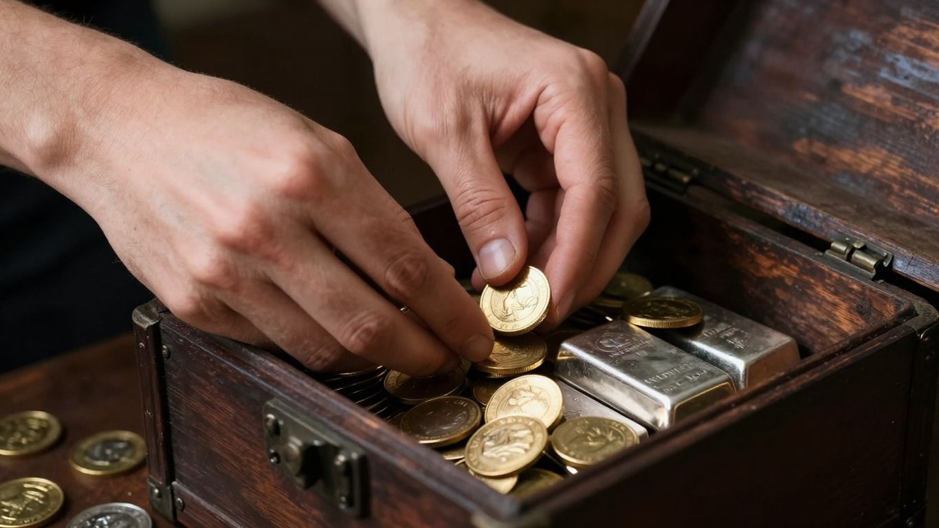 Pièces d'or et d'argent dans un coffre en bois.
