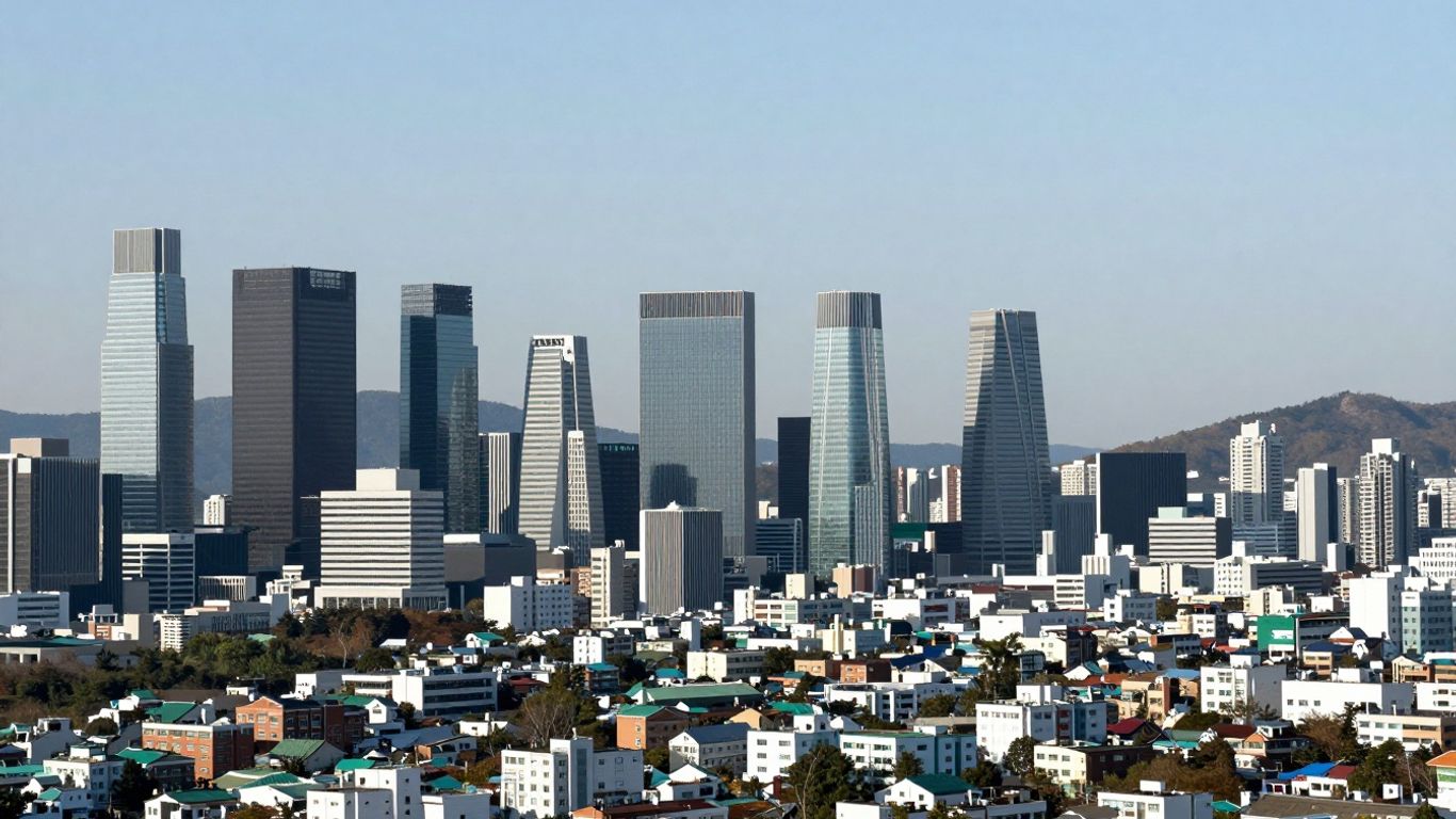 Seoul skyline with modern skyscrapers and dense housing.
