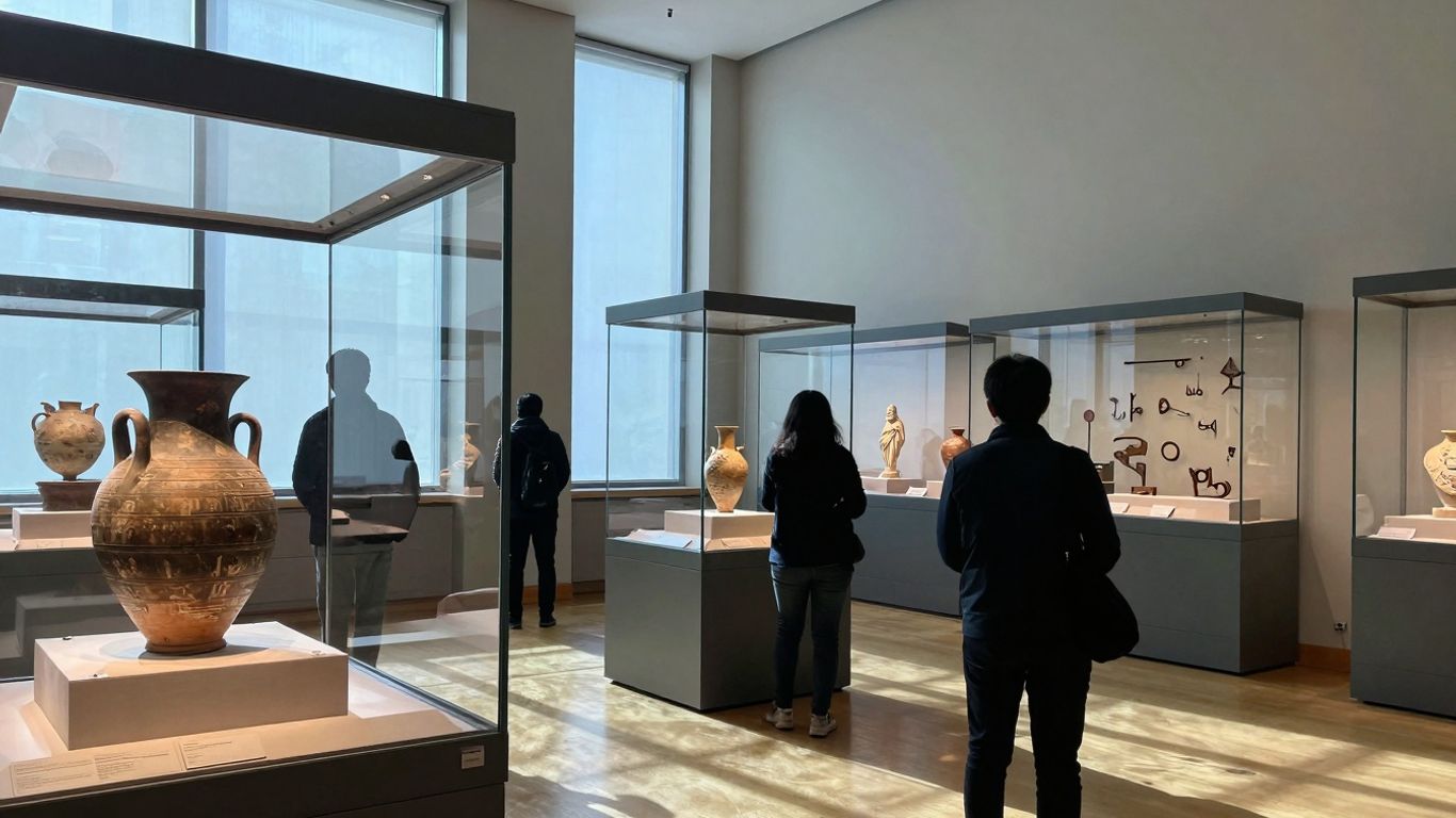 Interiorul unui muzeu cu artefacte expuse și vizitatori.
