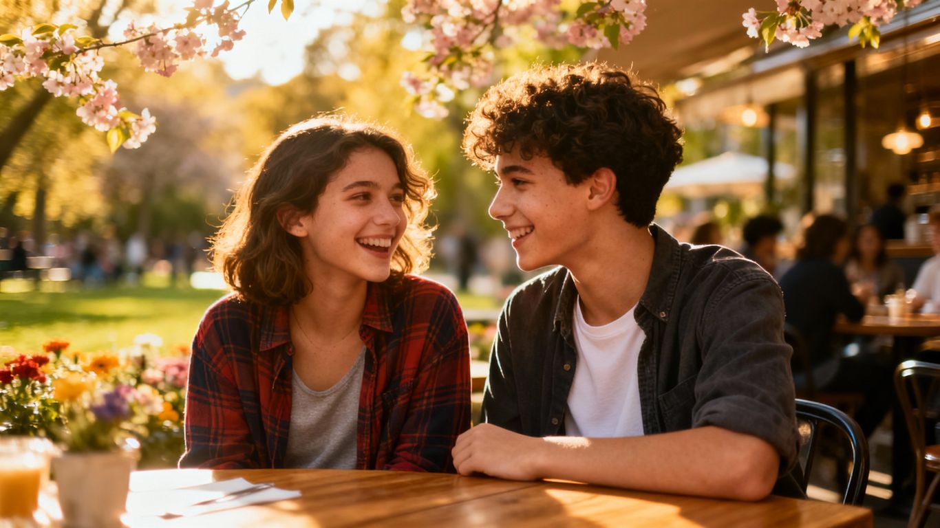 Young adults sharing romantic moments in scenic locations.
