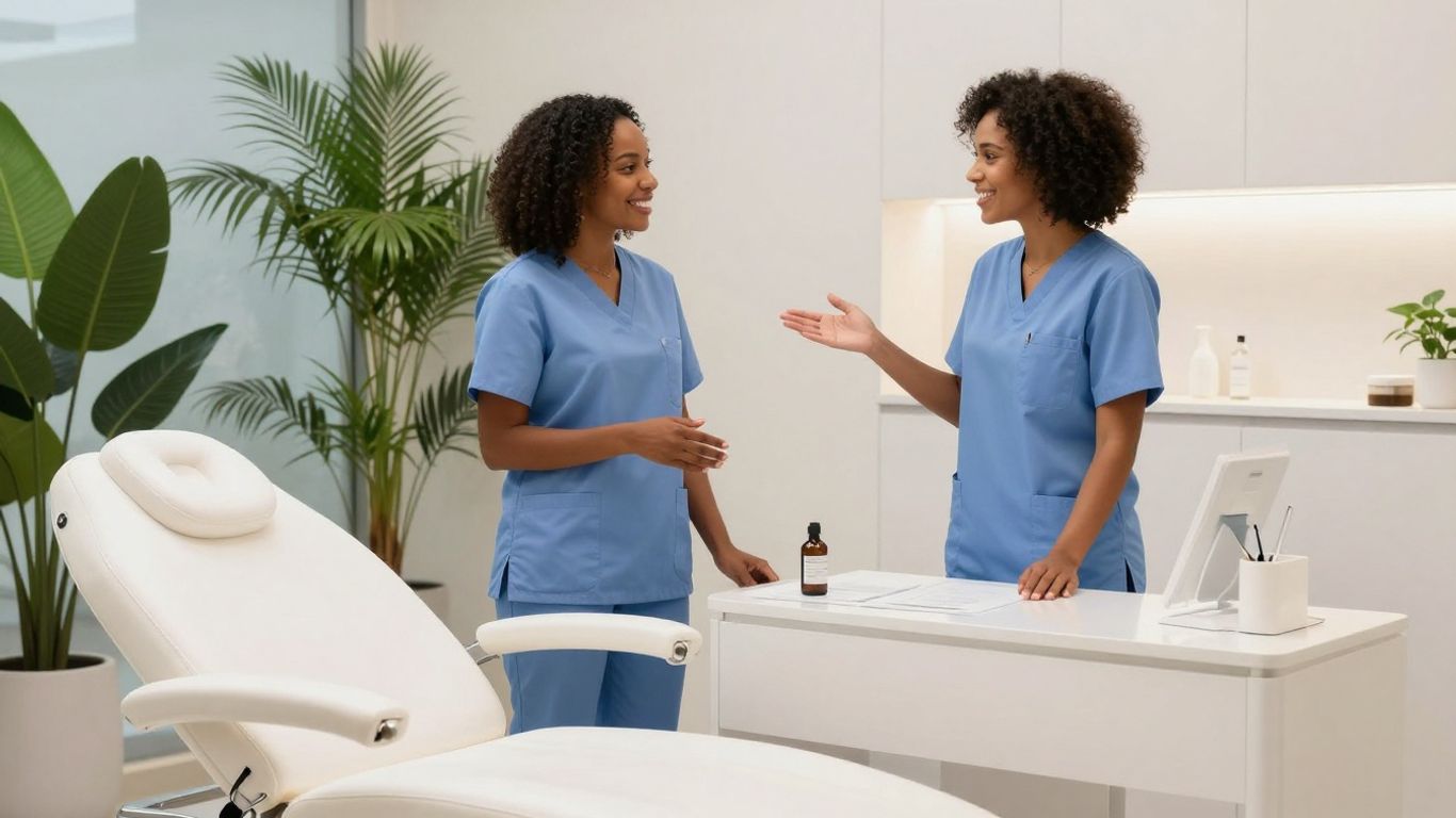 Modern medical spa interior with professional staff and treatment area.