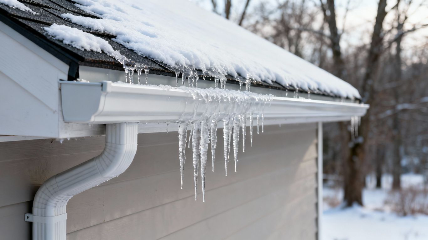 Winter gutter installation with icicles and snow.