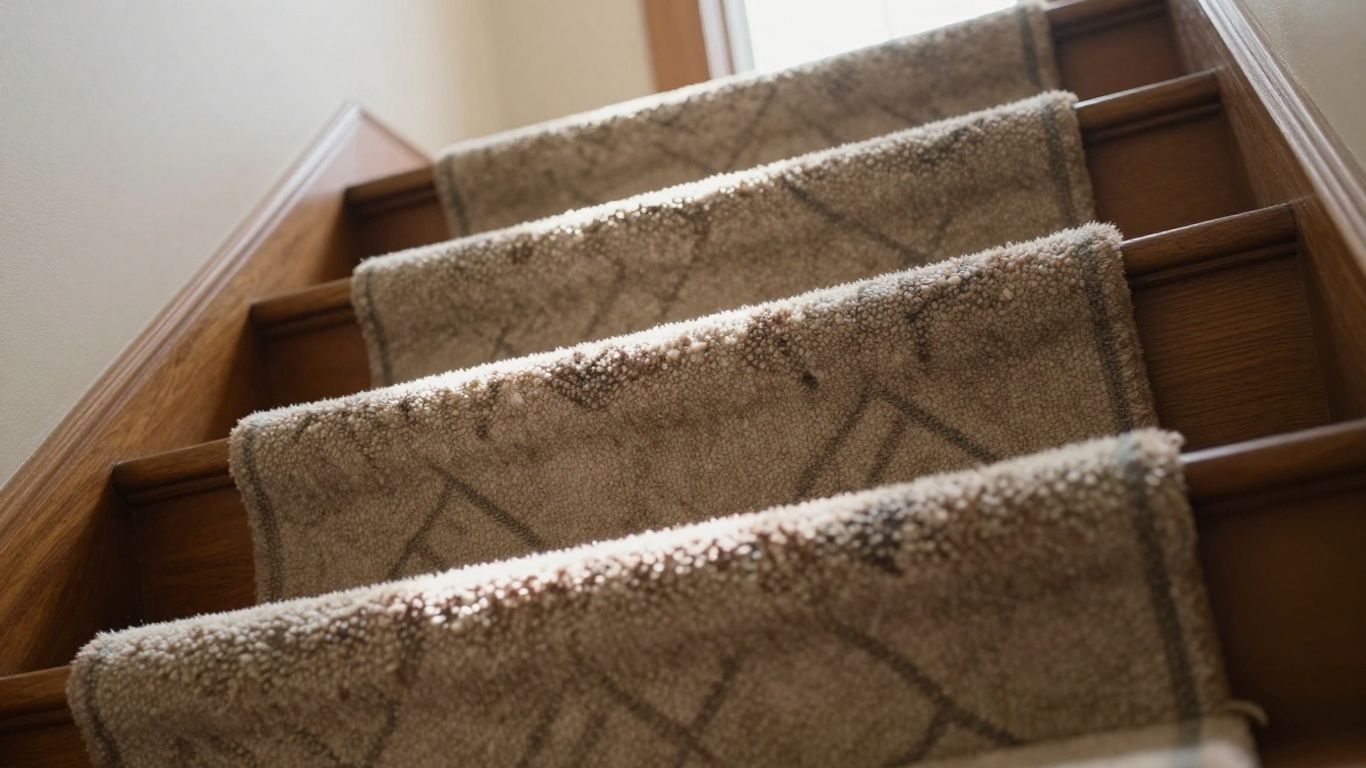 Plush carpet runner on a wooden staircase.