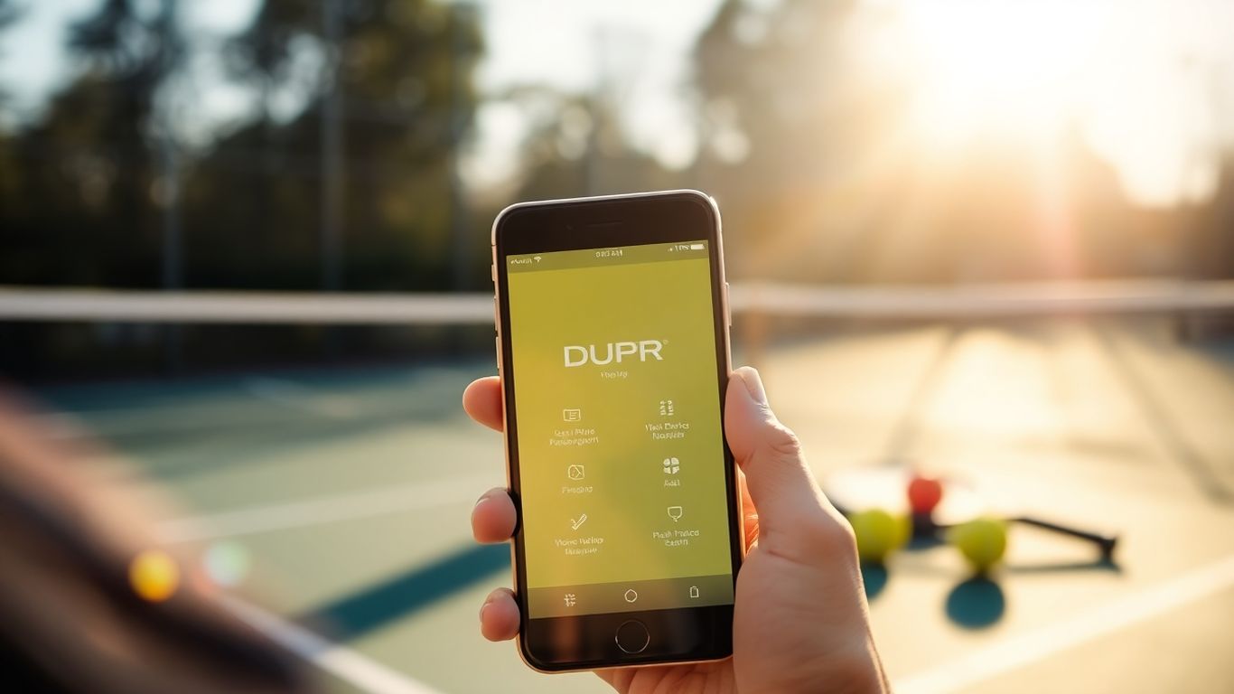 Pickleball player with DUPR app on phone.