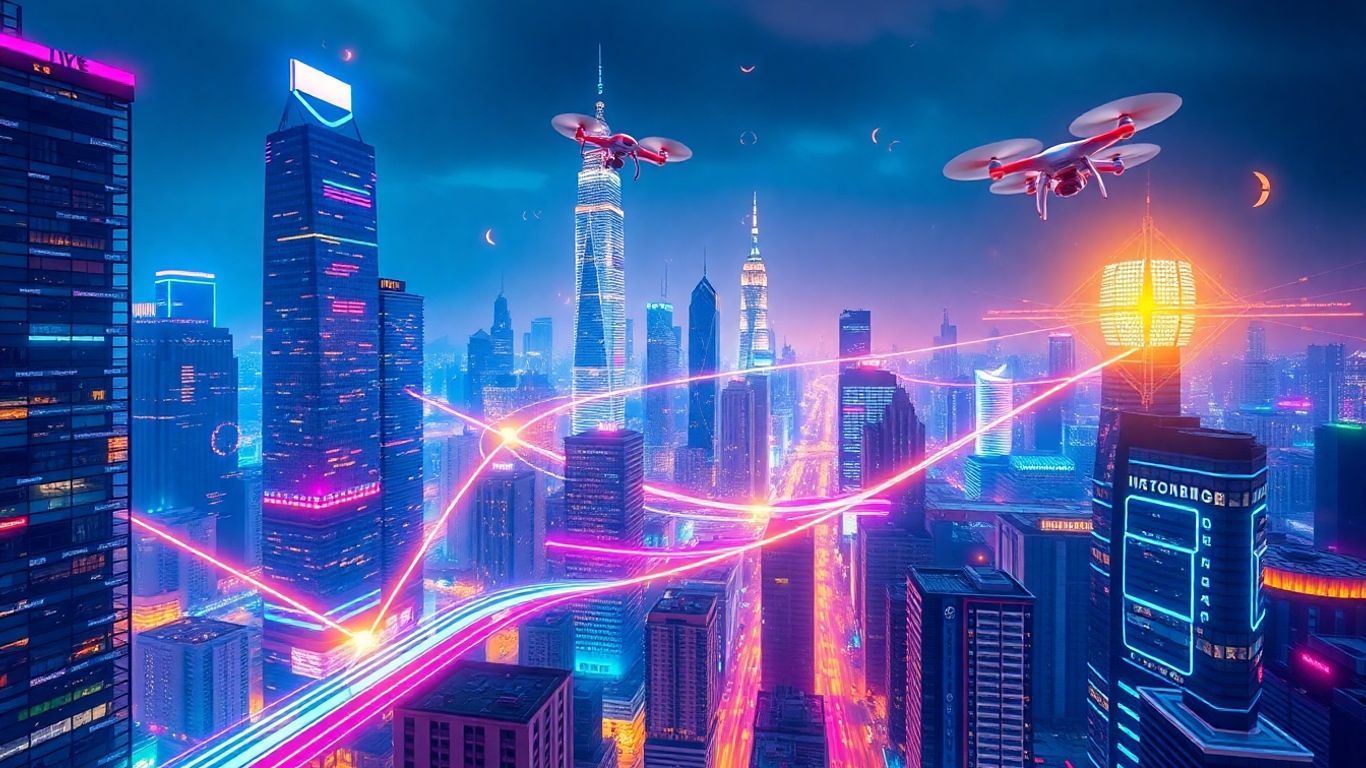 Futuristic cityscape with AI and blockchain elements.