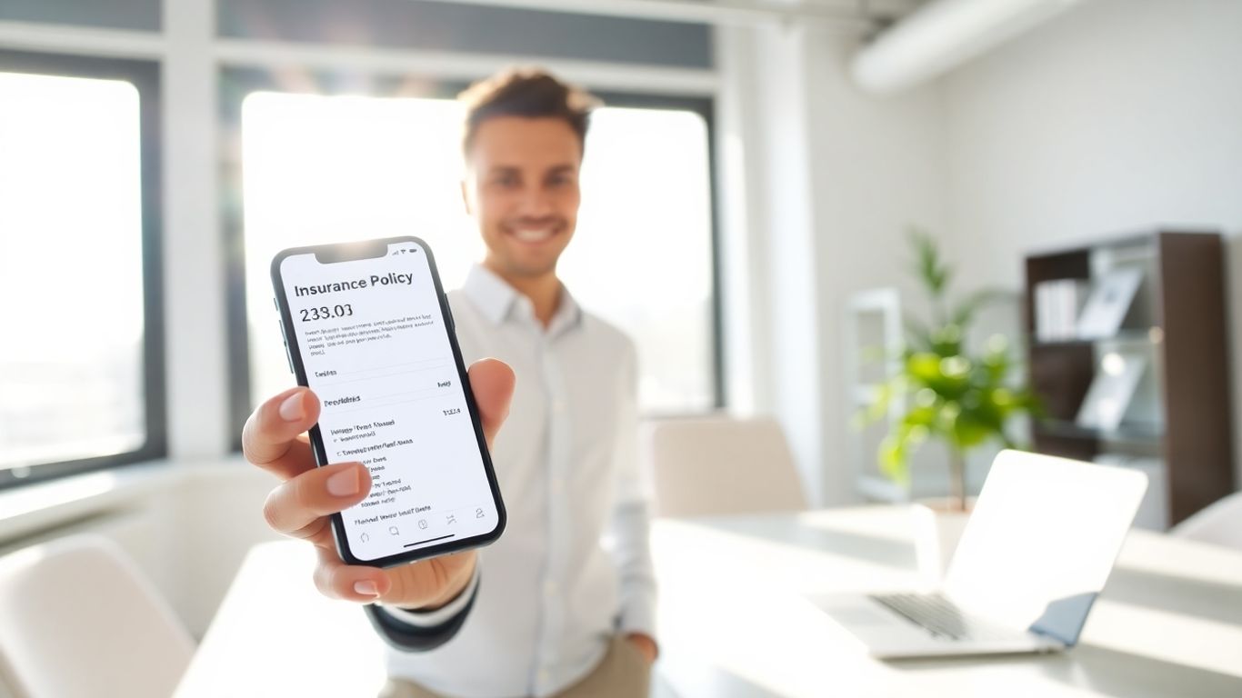 Persona sonriendo con teléfono mostrando seguros.