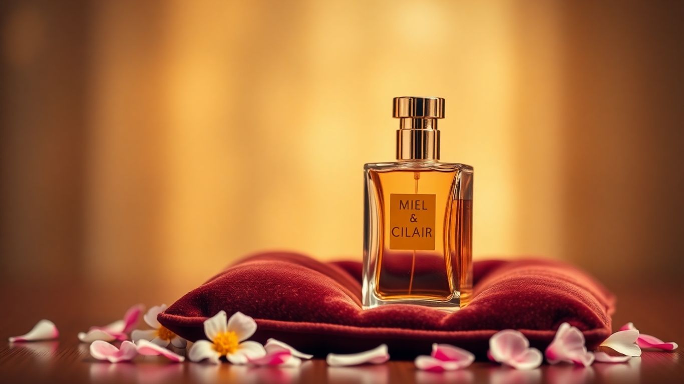 Elegant perfume bottle with floral petals and soft lighting.