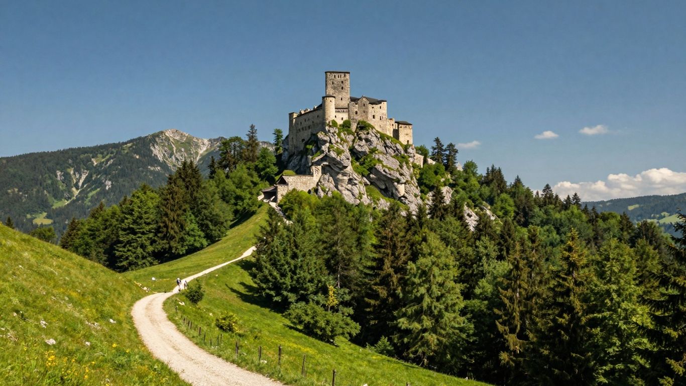 Zamek Chojnik w otoczeniu gór i lasów.