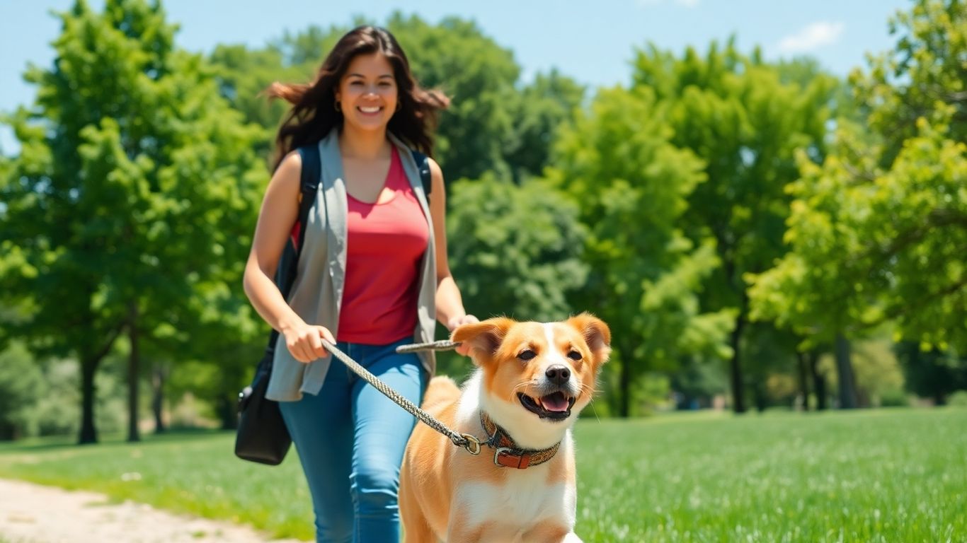 Person walking a happy dog outdoors.