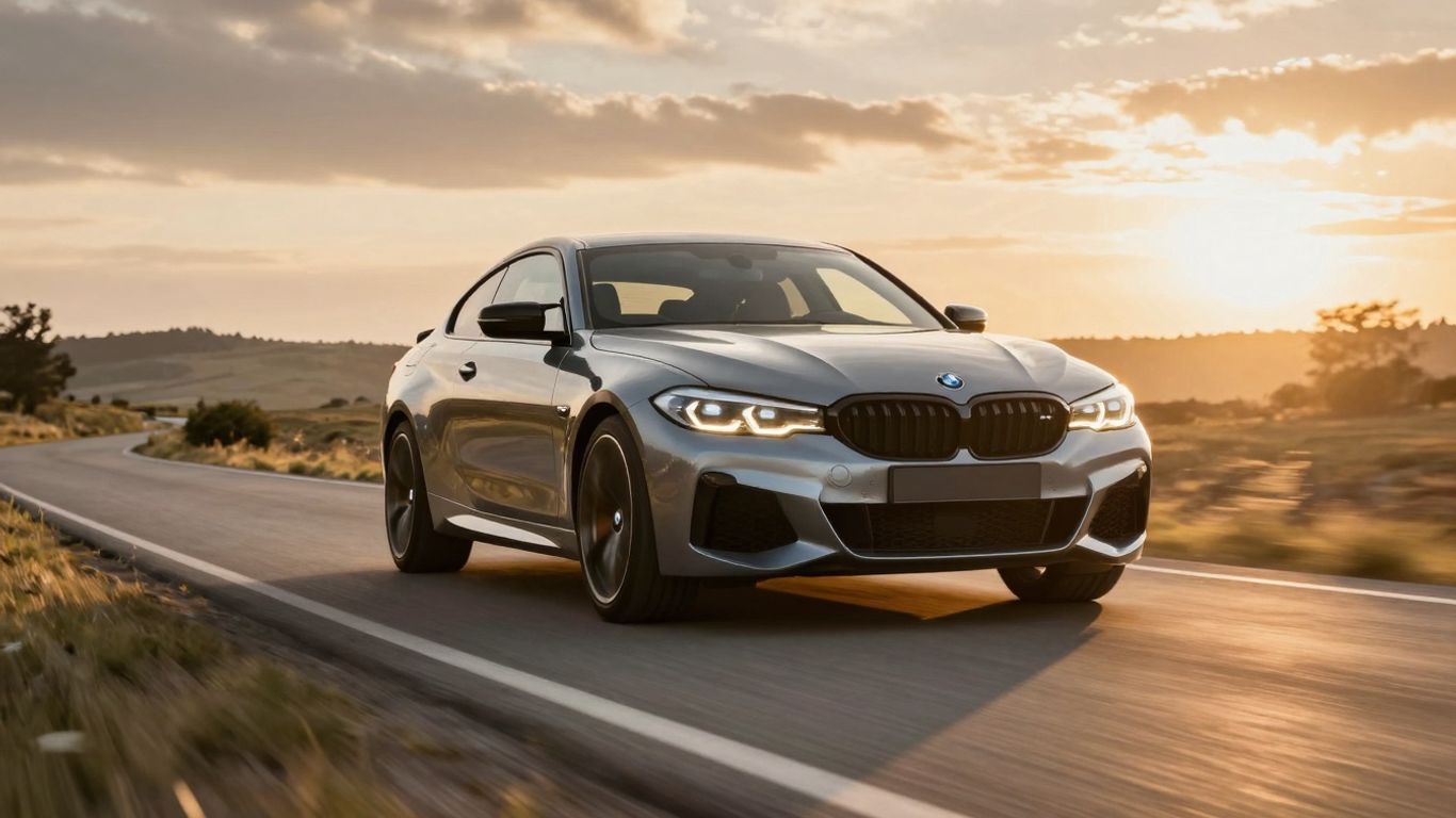 BMW car driving on a road at sunset.