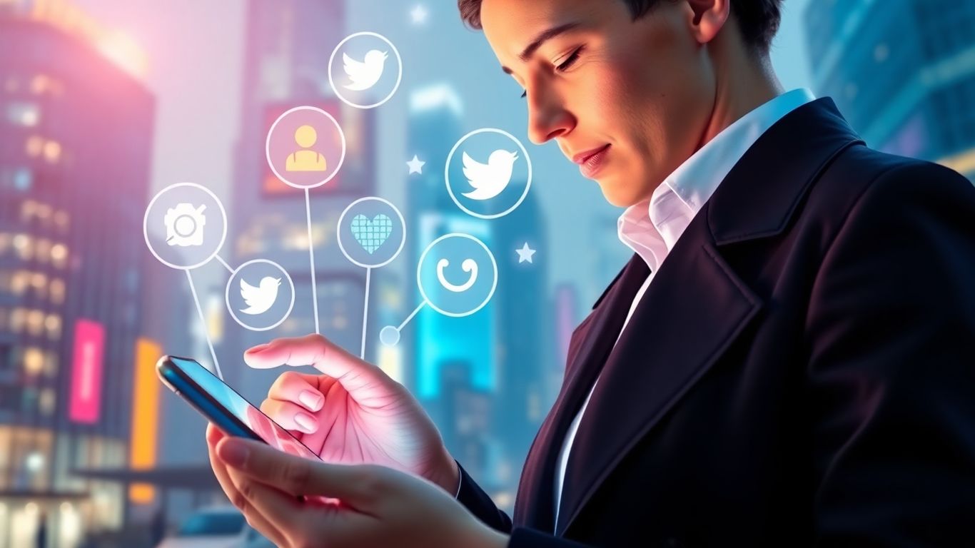 Person using smartphone with social and voice commerce icons.