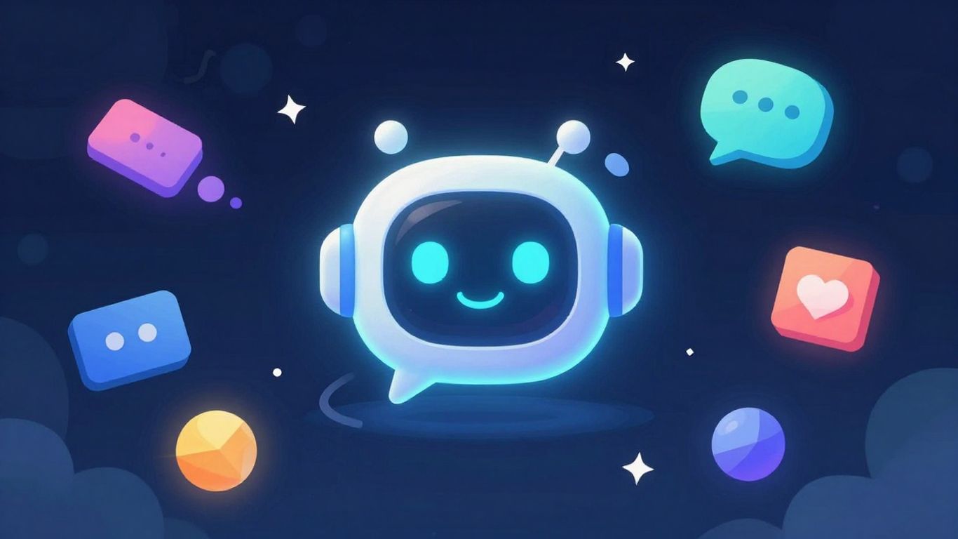 Glowing chatbot icon in a digital, game-like environment.