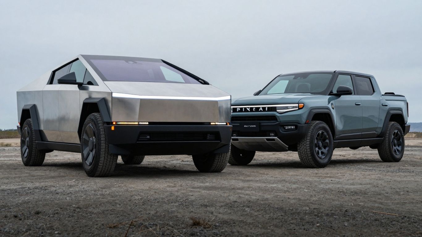 Cybertruck and Rivian R1T electric trucks side-by-side.
