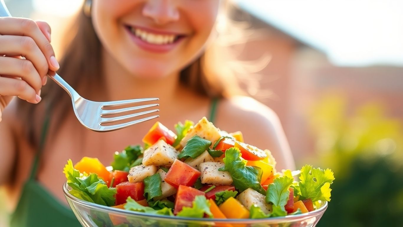 Person eating a healthy, colorful salad with a smile.