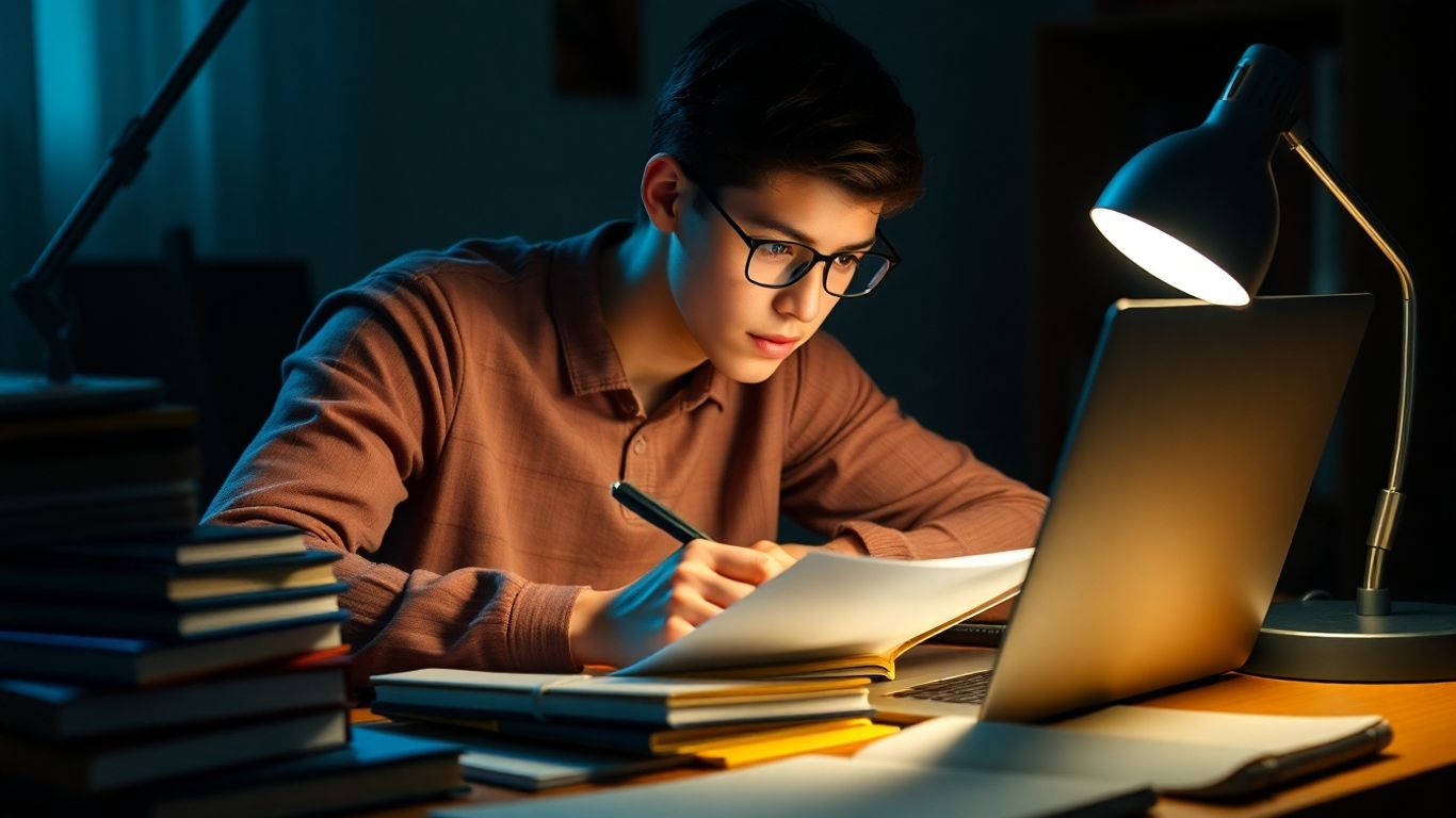 Student studying for TOEFL writing integrated task.