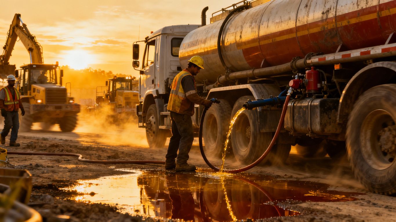 Workers and fuel trucks at chaotic construction site