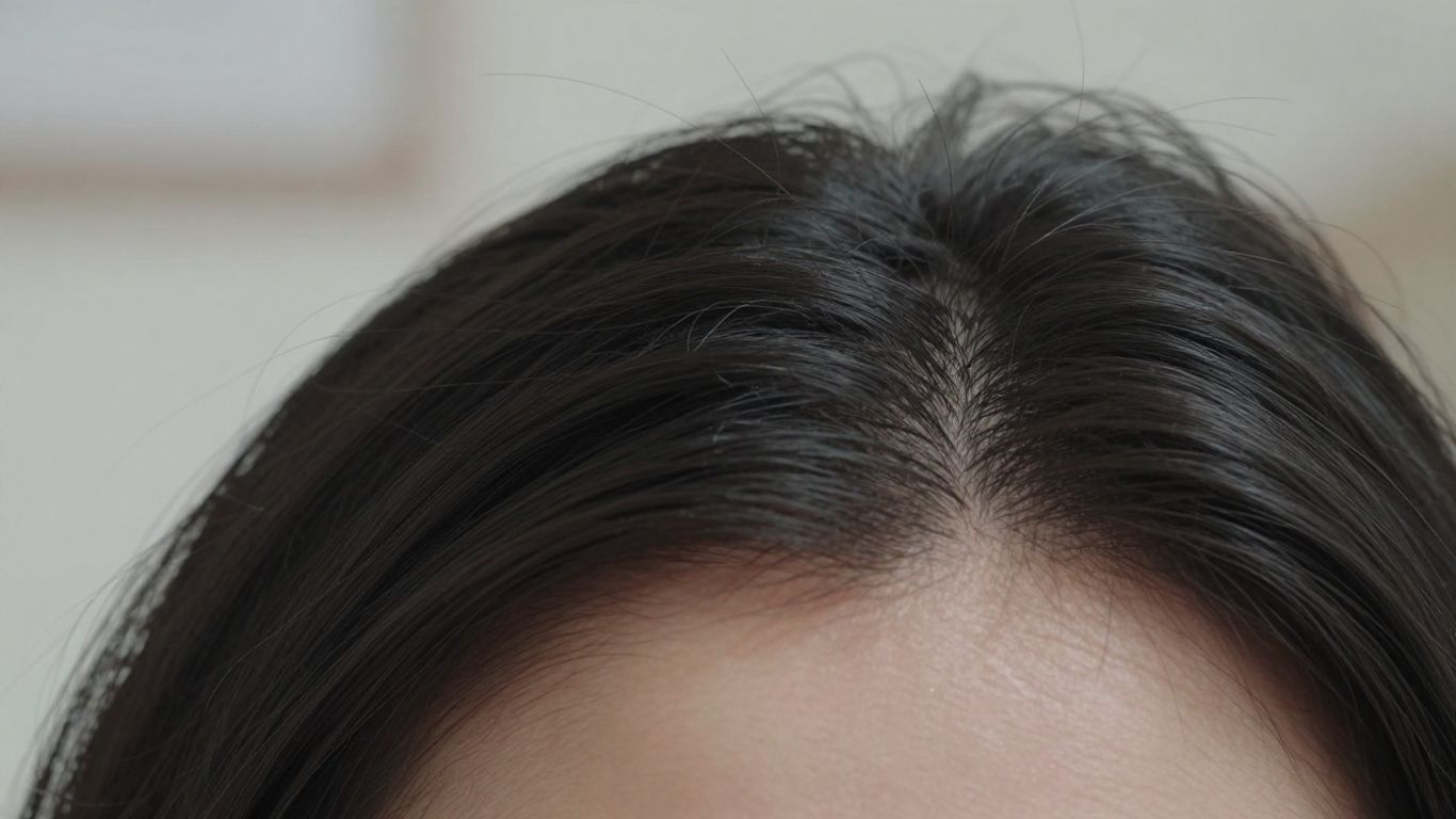 Person's scalp with falling hair strands.