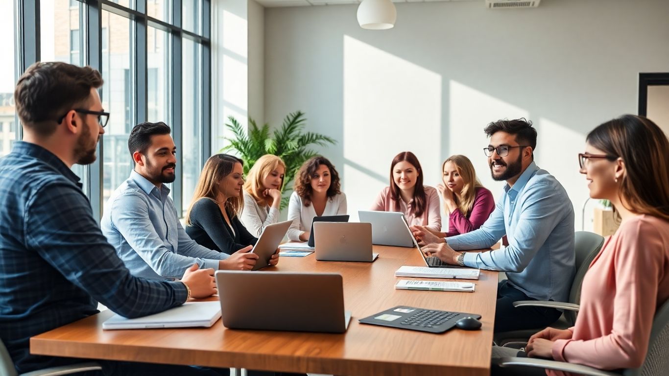 Diverse office team collaborating around a conference table