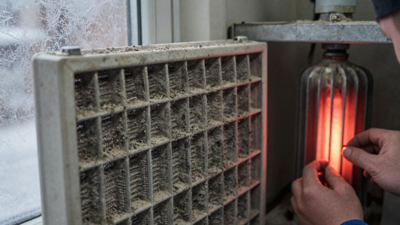 Winter furnace issues: dusty filter and red hot heating element.