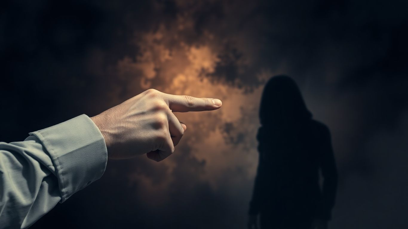 Person blaming a shadowy figure in a chaotic background.