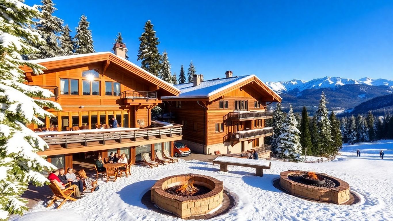 Luxury chalet in snowy Italian Alps with skiers relaxing